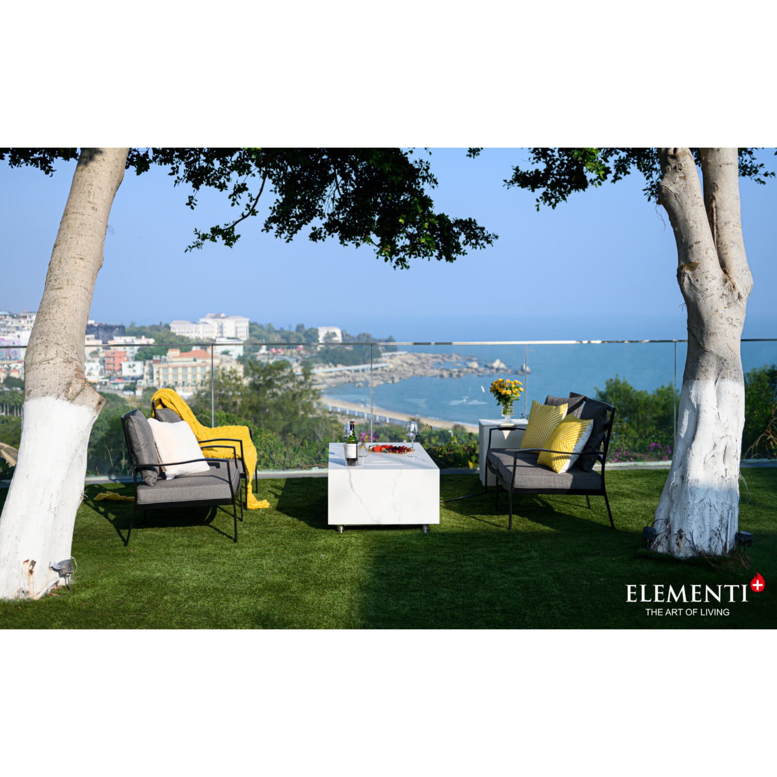 Loungetisch mit Gas Feuerstelle Elementi+ Carrara, Marmor- Design, Bianco Weiß