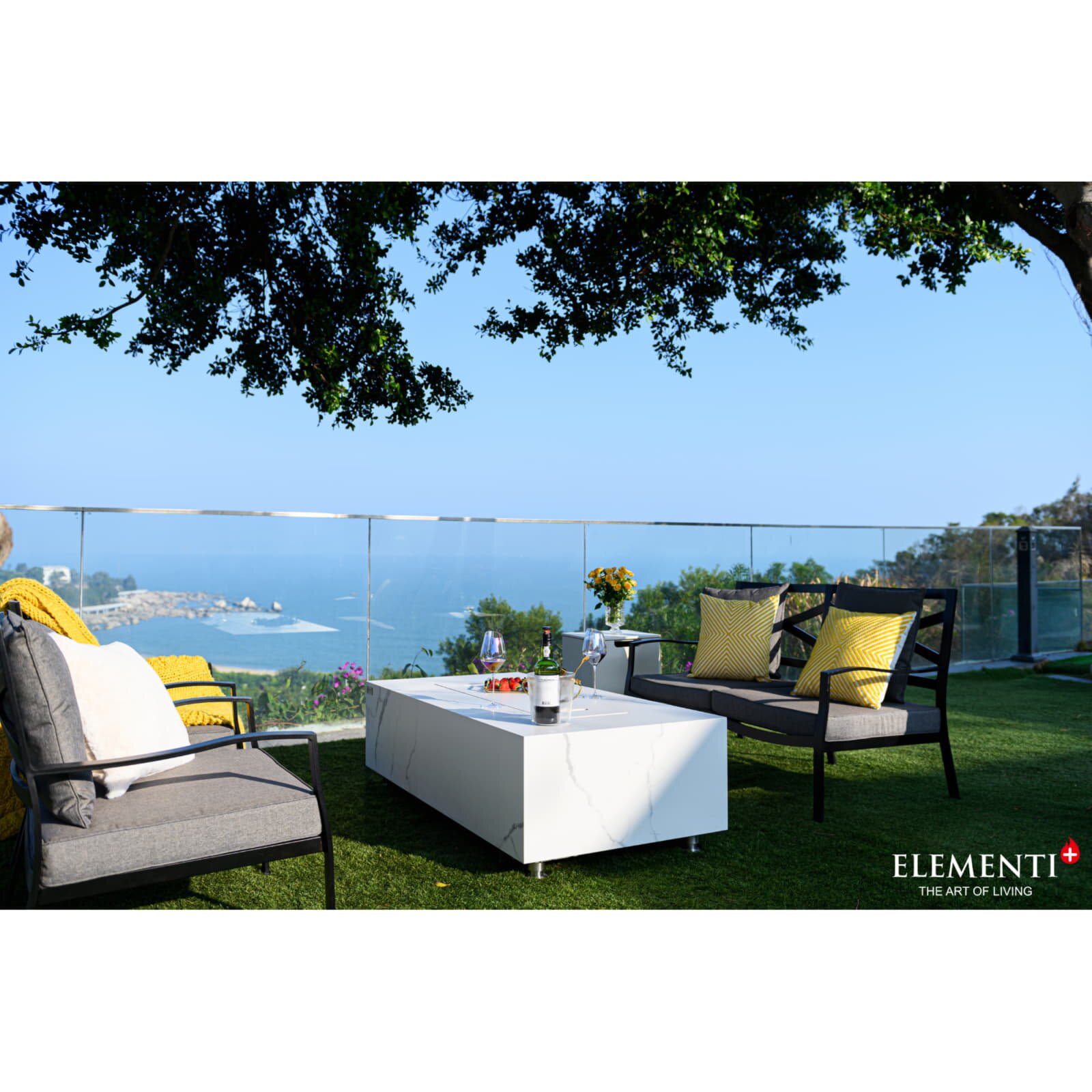Loungetisch mit Gas Feuerstelle Elementi+ Carrara, Marmor- Design, Bianco Weiß