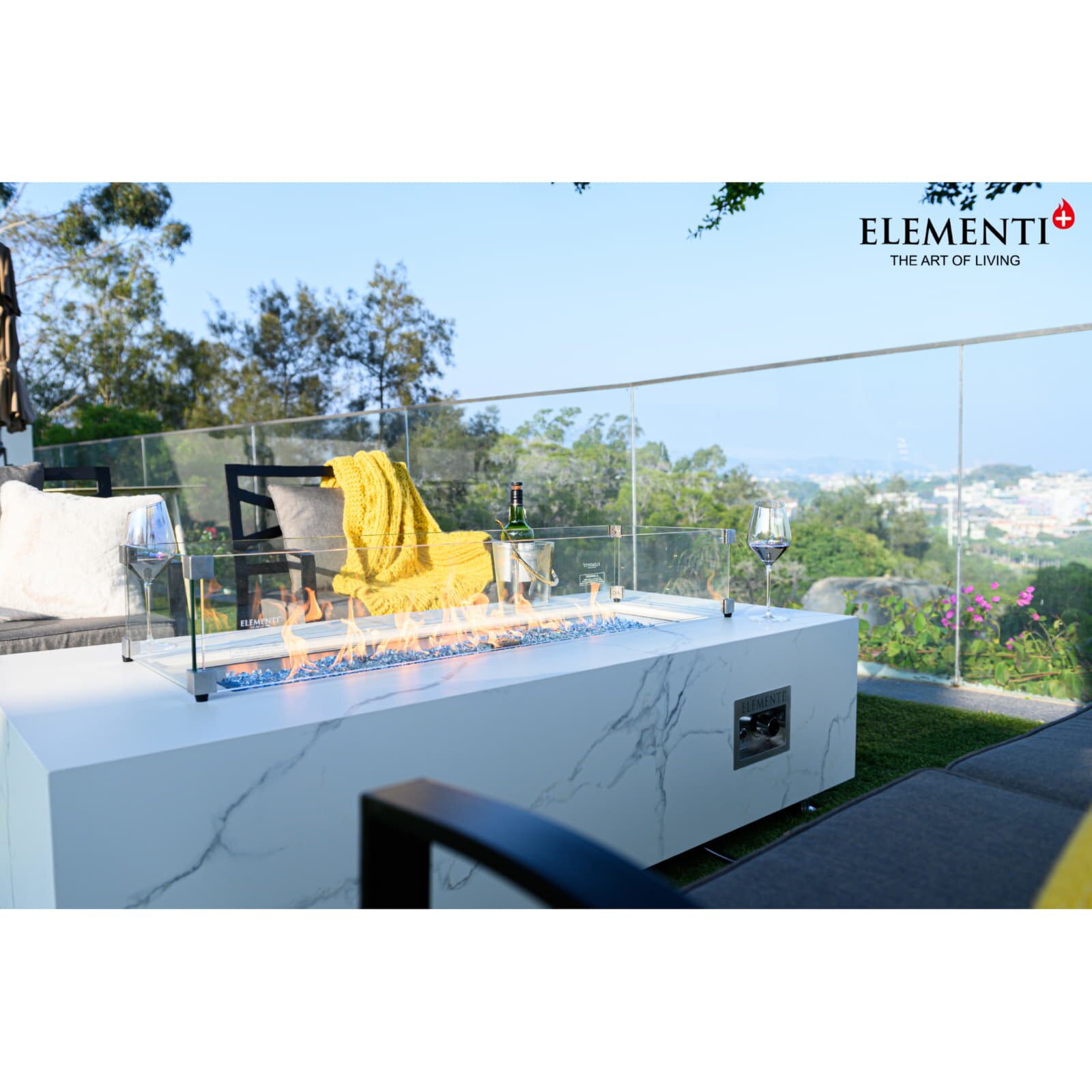 Loungetisch mit Gas Feuerstelle Elementi+ Carrara, Marmor- Design, Bianco Weiß