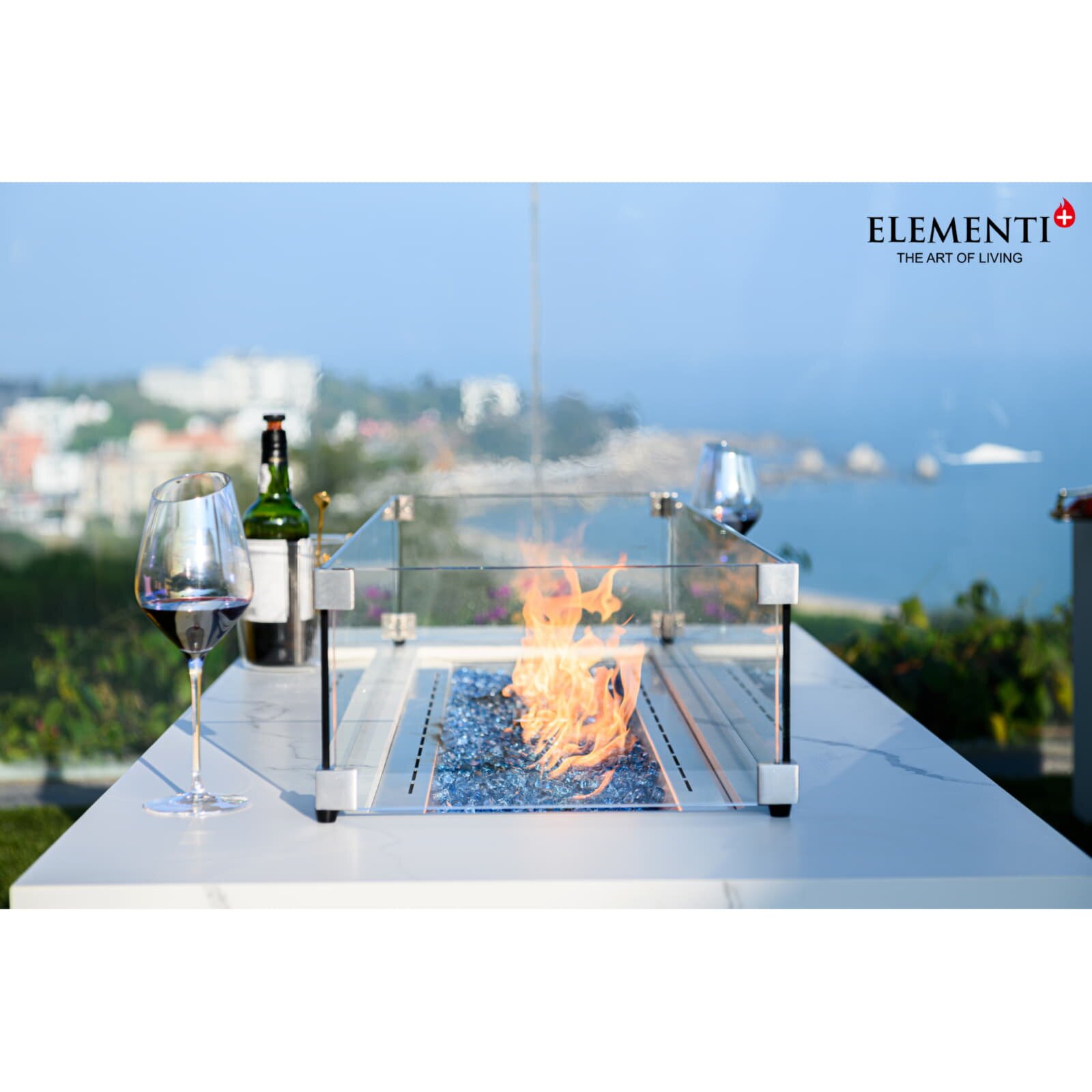 Loungetisch mit Gas Feuerstelle Elementi+ Carrara, Marmor- Design, Bianco Weiß