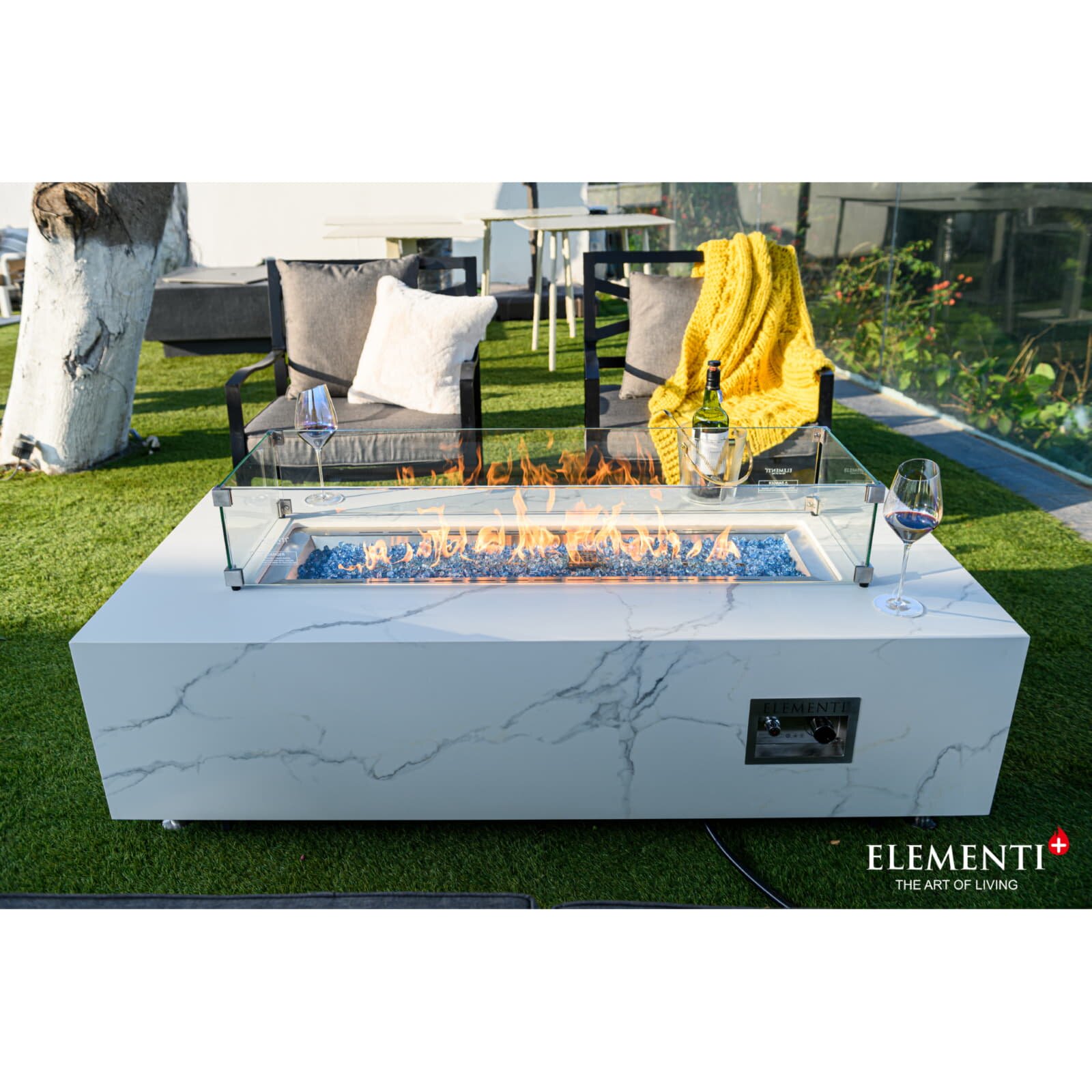 Loungetisch mit Gas Feuerstelle Elementi+ Carrara, Marmor- Design, Bianco Weiß