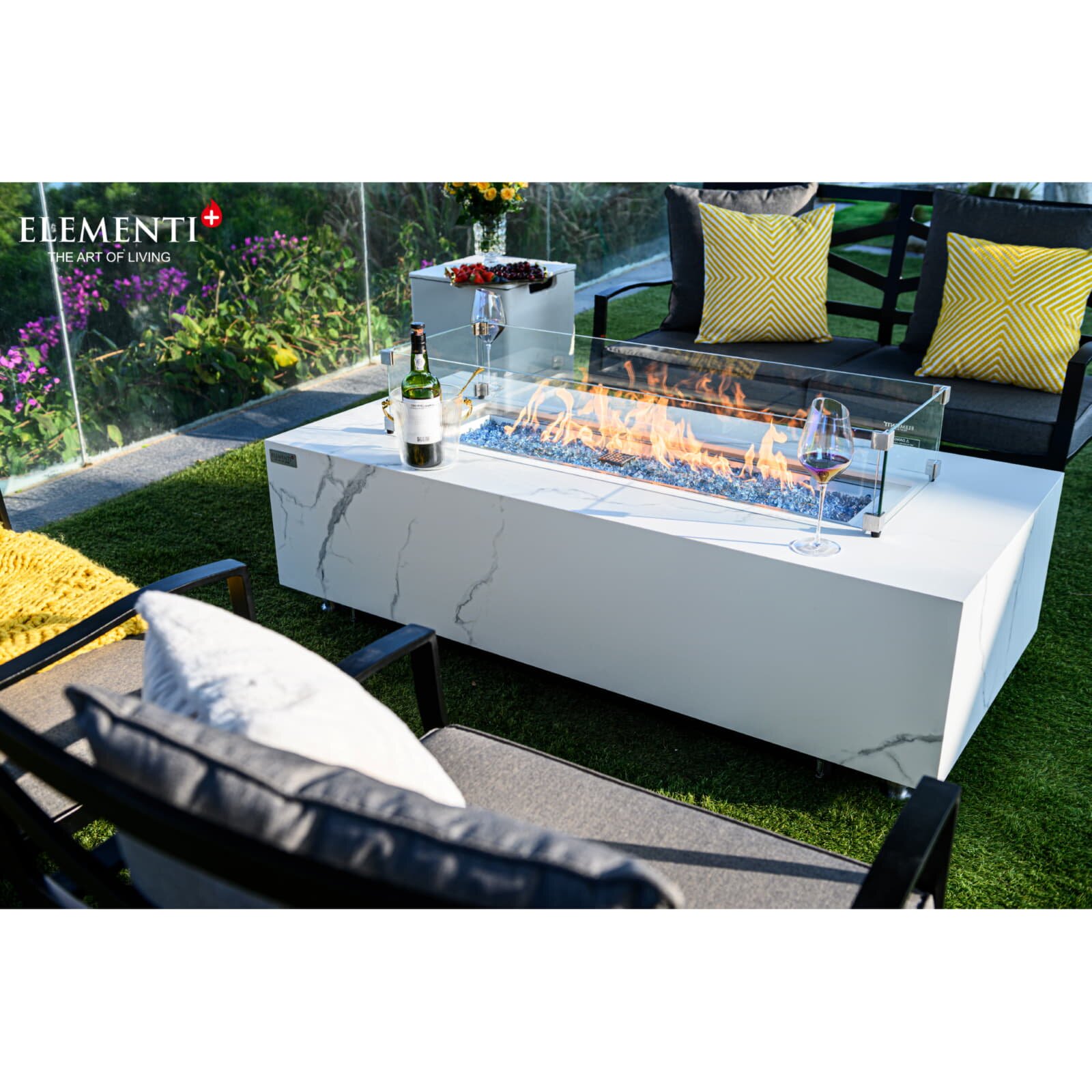 Loungetisch mit Gas Feuerstelle Elementi+ Carrara, Marmor- Design, Bianco Weiß