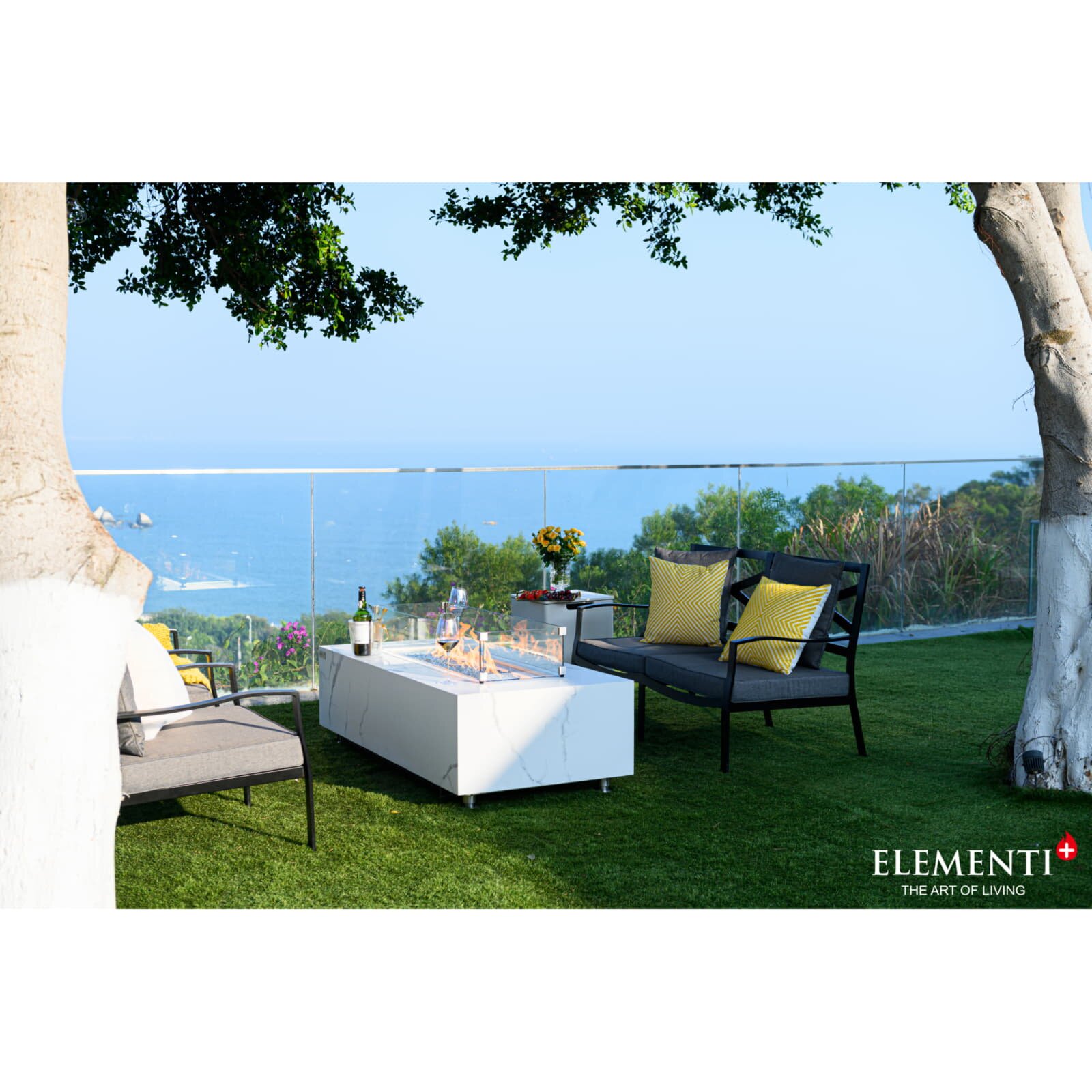 Loungetisch mit Gas Feuerstelle Elementi+ Carrara, Marmor- Design, Bianco Weiß