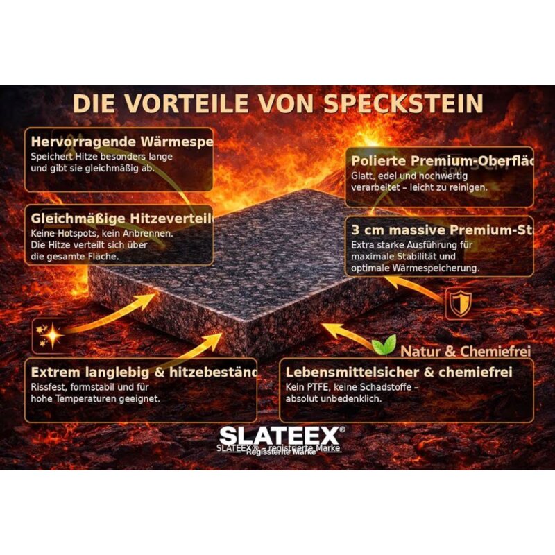 Slateex Grillstein aus Speckstein 20 x 13 x 3cm