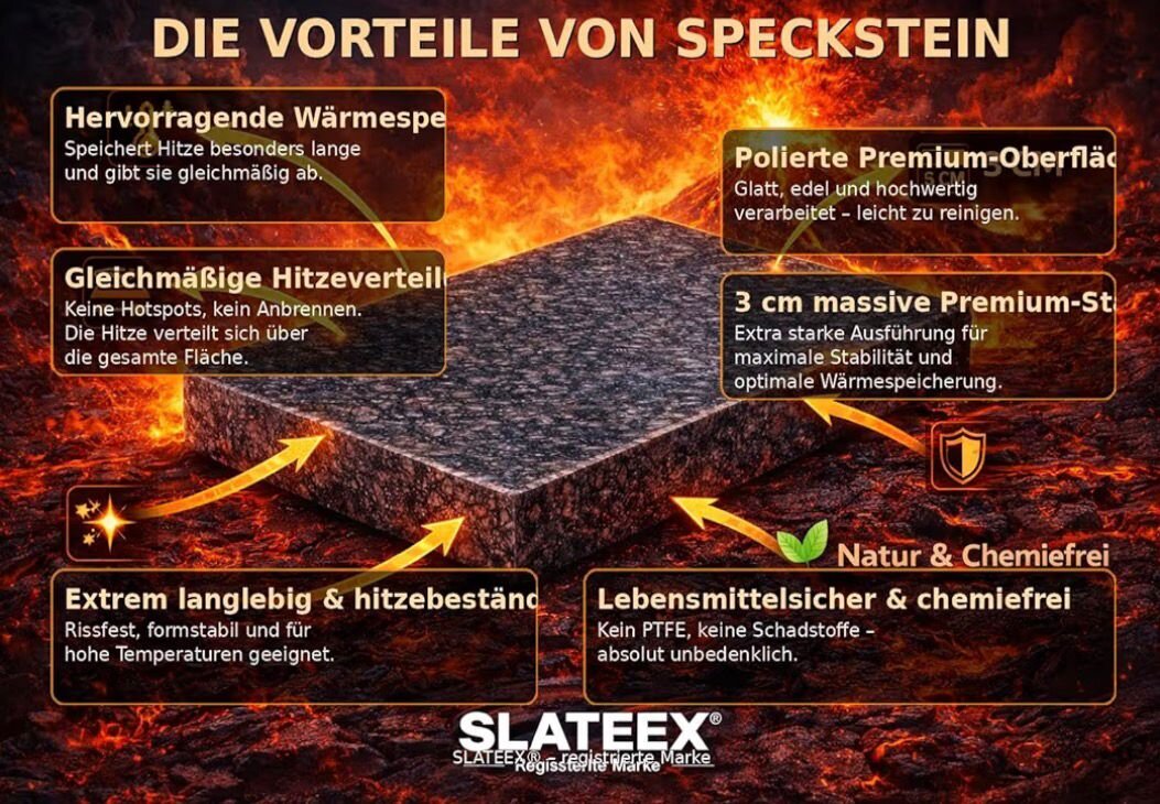 Slateex Grillstein aus Speckstein 20 x 13 x 3cm