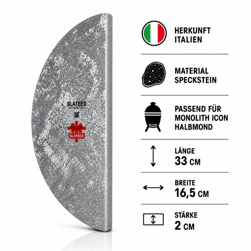 Slateex Halbmond Speckstein- Grillstein für Monolith Icon, 33 x 16 x 2 cm