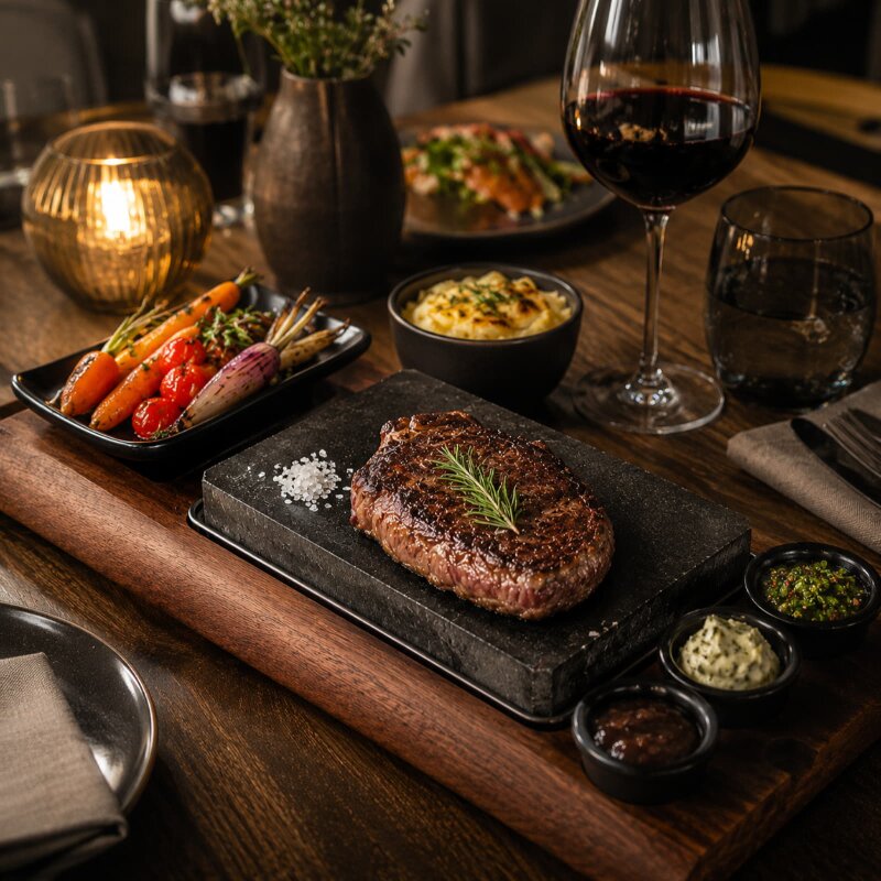 Slateex Akazien Steakbrett mit Specksteinplatten und Servierschalen