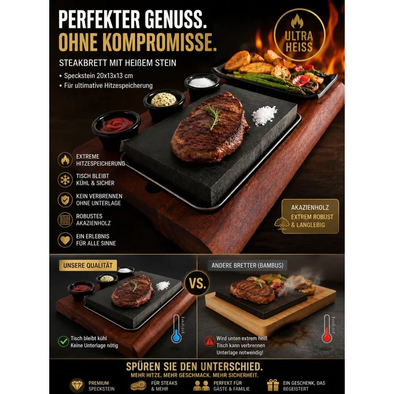 Slateex Akazien Steakbrett mit Specksteinplatten und Servierschalen