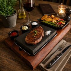 Slateex Akazien Steakbrett mit Specksteinplatten und Servierschalen