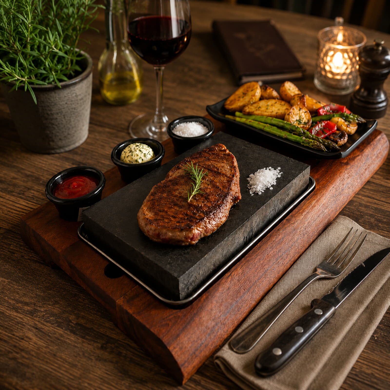 Slateex Akazien Steakbrett mit Specksteinplatten und Servierschalen