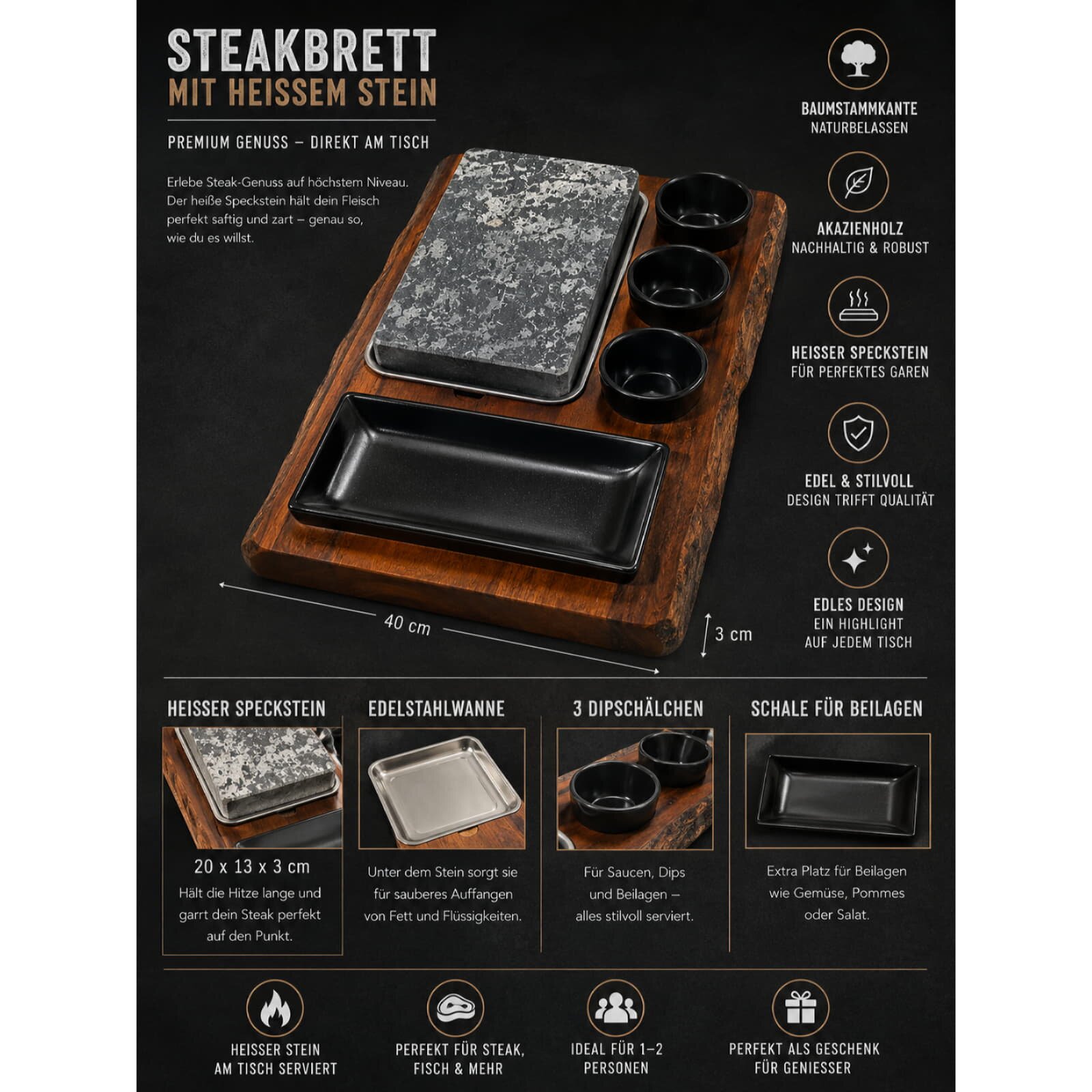Slateex Akazien Steakbrett mit Specksteinplatten und Servierschalen