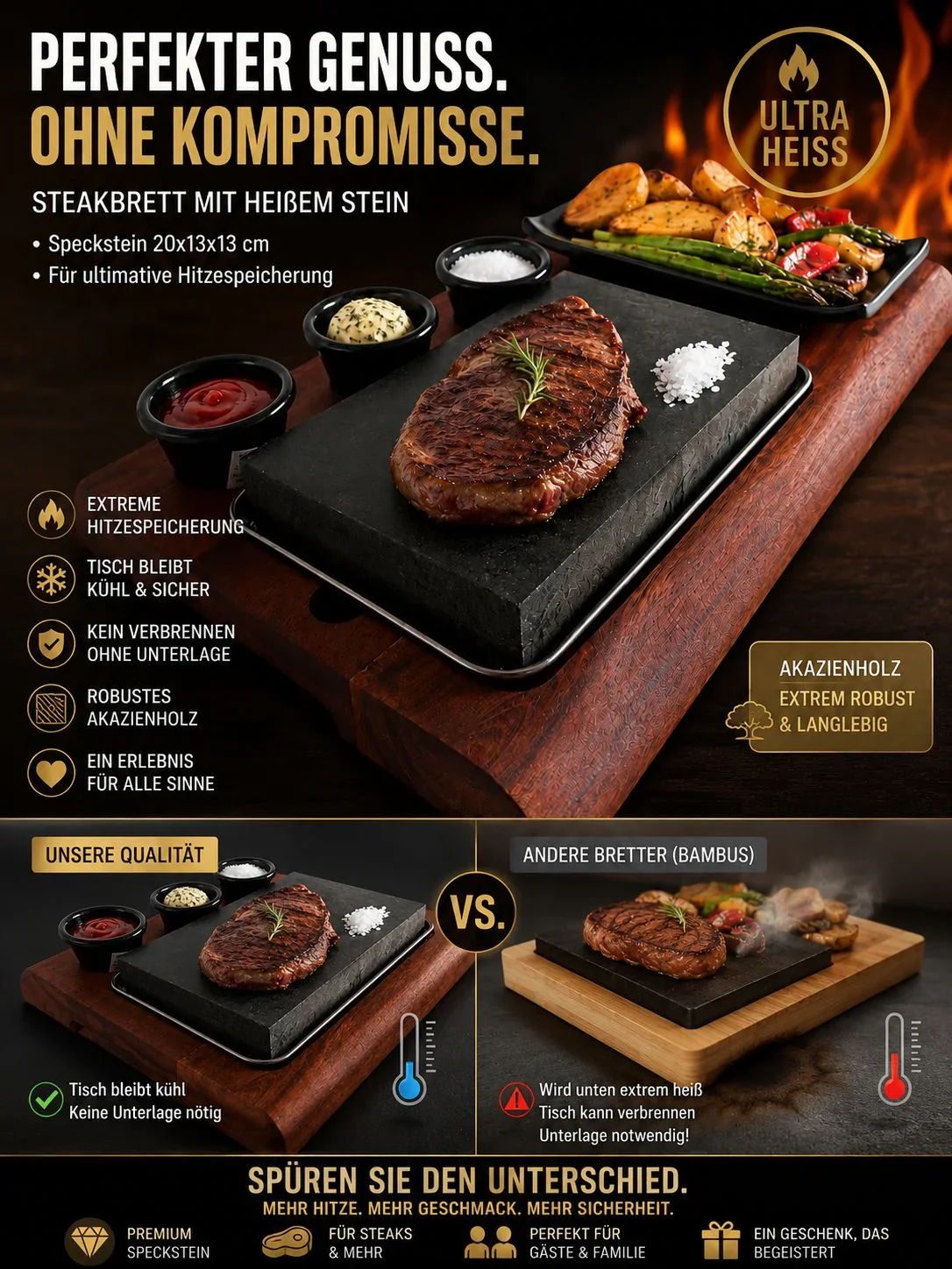 Slateex Akazien Steakbrett mit Specksteinplatten und Servierschalen