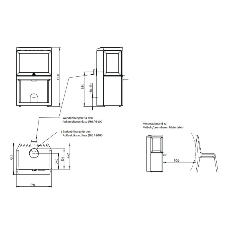 Kaminofen Gussofen Jotul F 520 Sockel (3 Scheiben) - 7,5 kW - Schwarz
