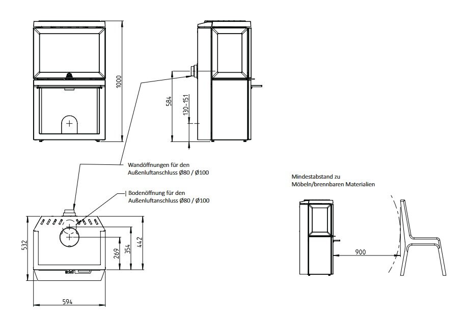 Kaminofen Gussofen Jotul F 520 Sockel (3 Scheiben) - 7,5 kW - Schwarz